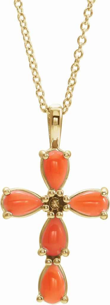 14k yellow cabochon pink coral cross 16-18" necklace