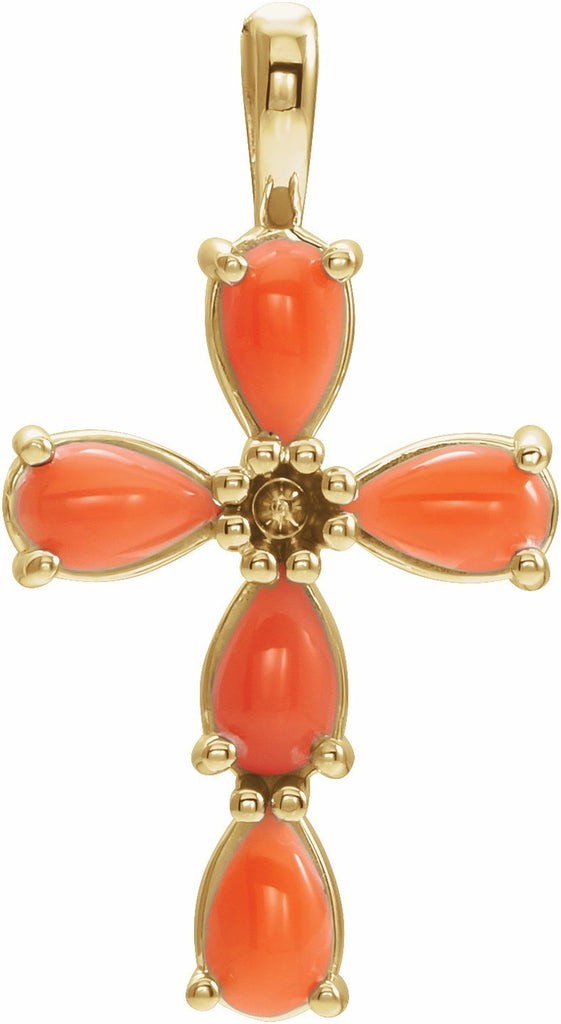 14k yellow cabochon pink coral cross pendant