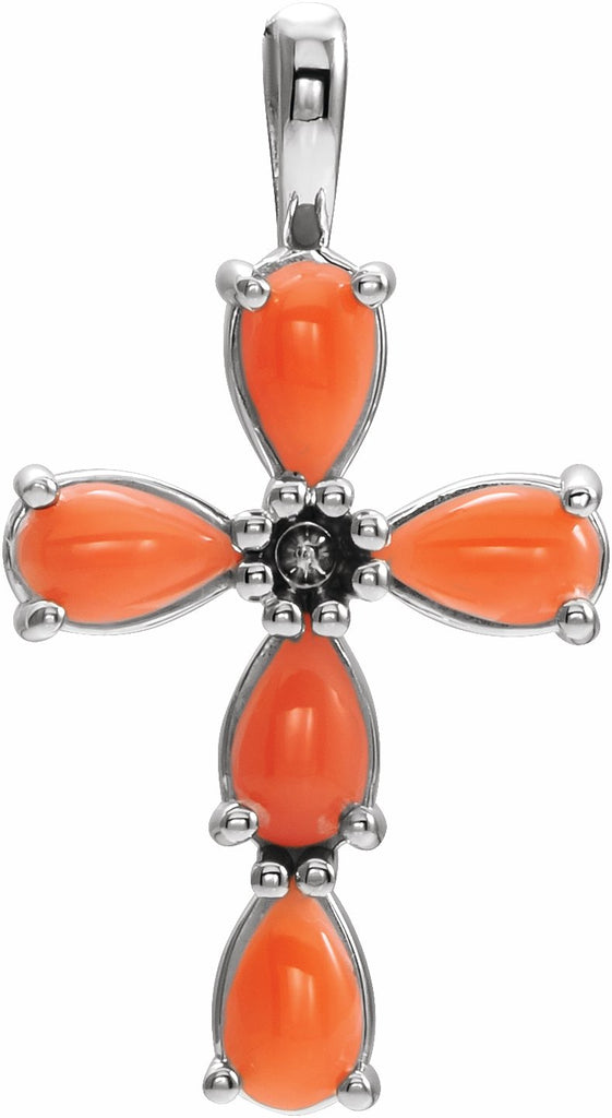 platinum cabochon pink coral cross pendant