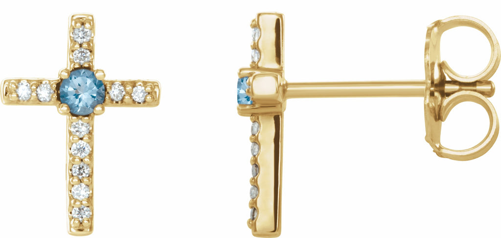 14k yellow aquamarine & .06 ctw diamond cross earrings 