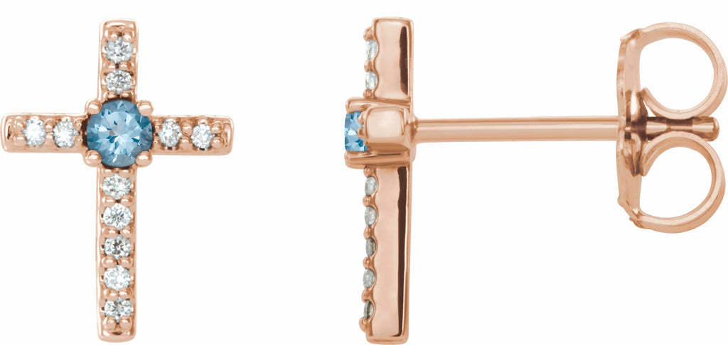 14k rose aquamarine & .06 ctw diamond cross earrings 