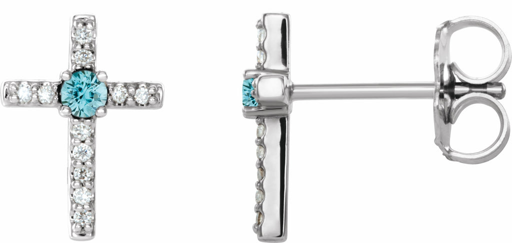 sterling silver blue zircon & .06 ctw diamond cross earrings          