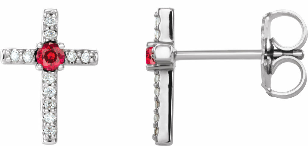 14k white chathamâ® created ruby & .06 ctw diamond cross earrings     