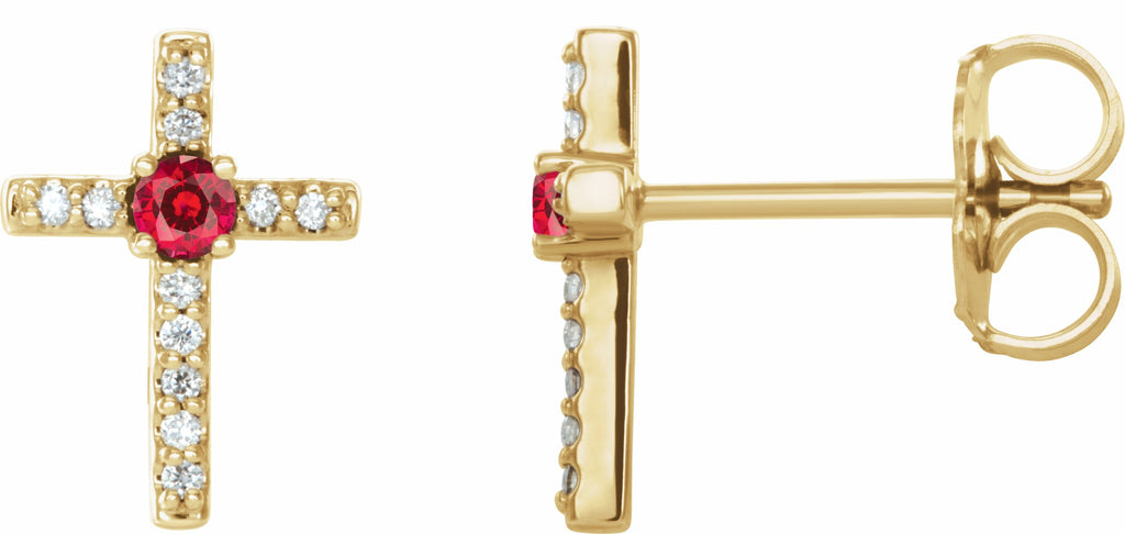 14k yellow chathamâ® created ruby & .06 ctw diamond cross earrings     