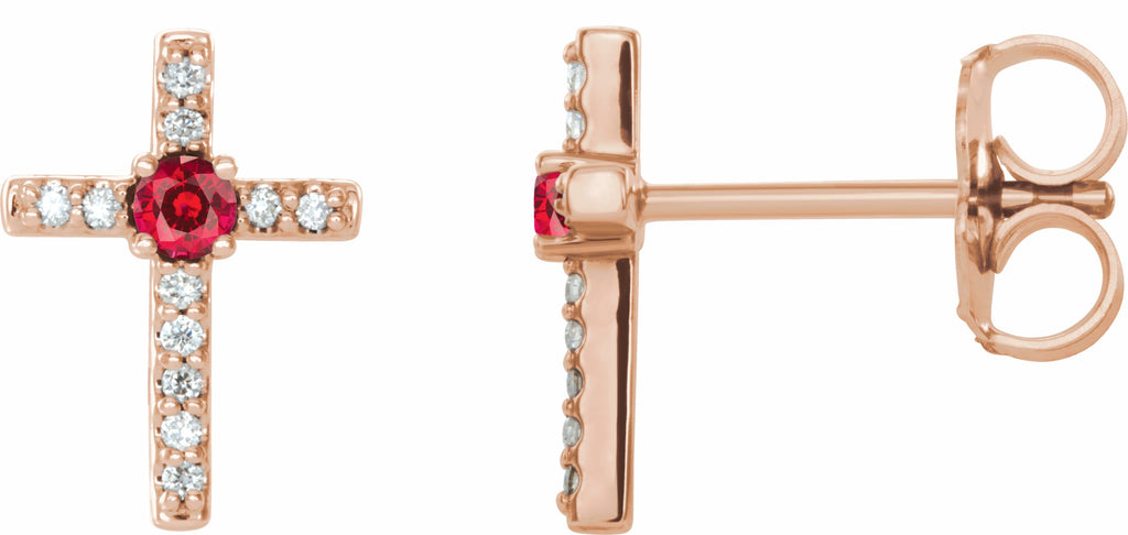 14k rose chathamâ® created ruby & .06 ctw diamond cross earrings     