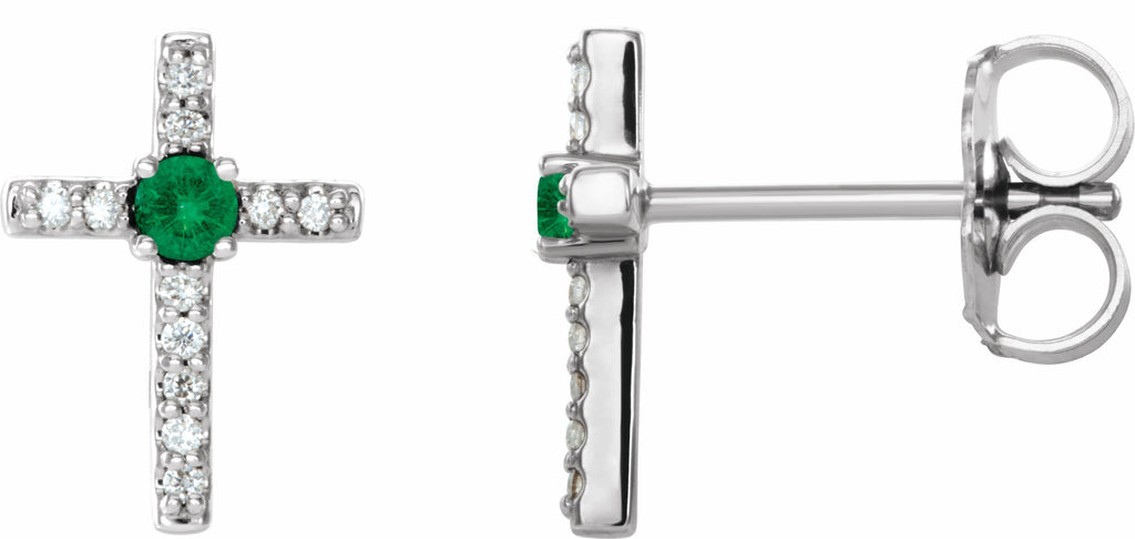 14k white chathamâ® created emerald & .06 ctw diamond cross earrings    