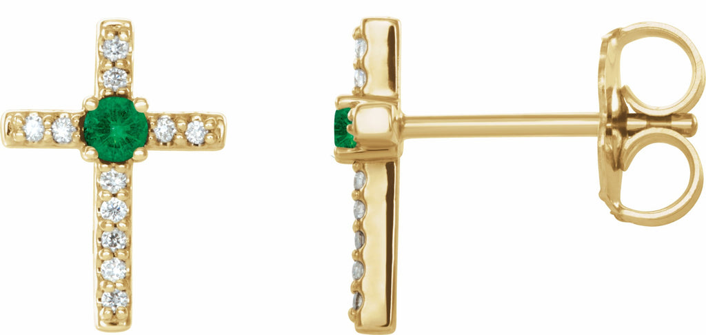 14k yellow chathamâ® created emerald & .06 ctw diamond cross earrings        
