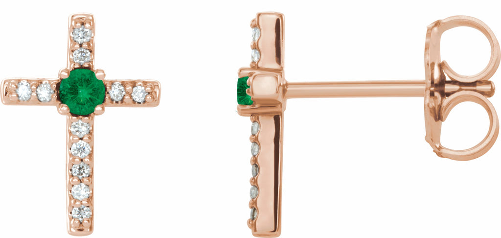 14k rose chathamâ® created emerald & .06 ctw diamond cross earrings        