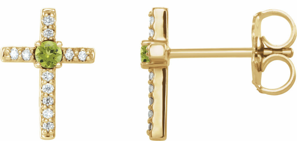 14k yellow peridot & .06 ctw diamond cross earrings       