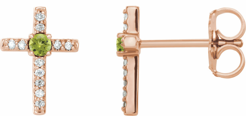 14k rose peridot & .06 ctw diamond cross earrings       