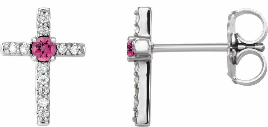 14k white pink tourmaline & .06 ctw diamond cross earrings      