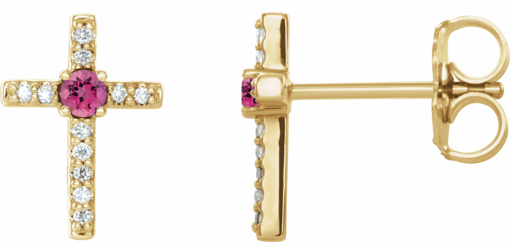 14k yellow pink tourmaline & .06 ctw diamond cross earrings      