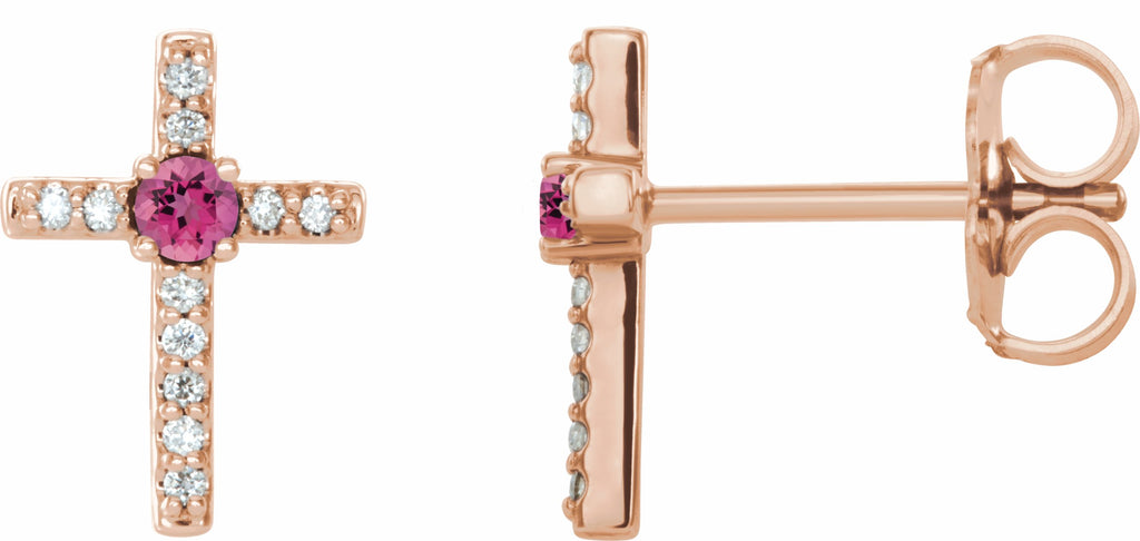 14k rose pink tourmaline & .06 ctw diamond cross earrings      