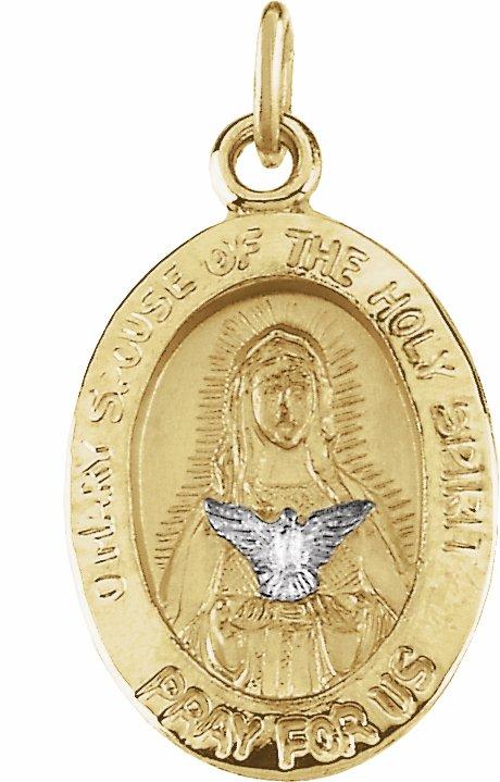 14k yellow/white 15x11 mm oval mary of holy spirit medal