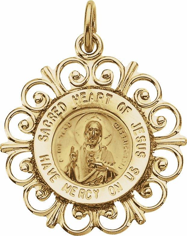 14k yellow 18 mm round sacred heart of jesus medal