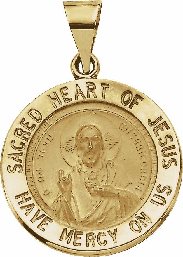 14k yellow 18 mm round hollow sacred heart of jesus medal  