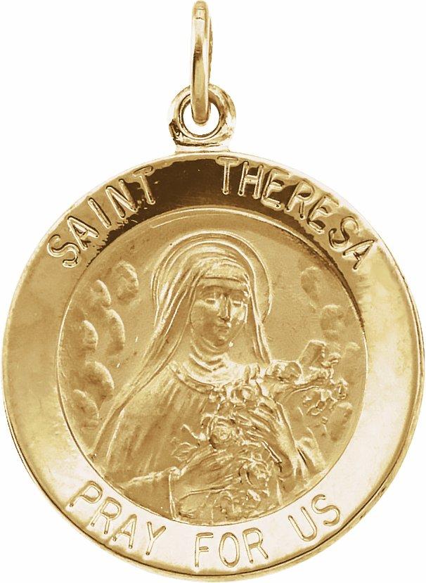 14k yellow 15 mm round st. theresa medal