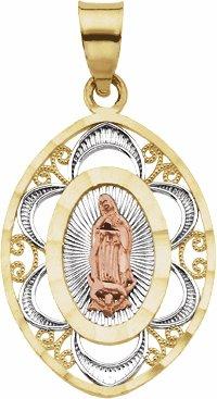 14k yellow/rose 22x17 mm oval our lady of guadalupe medal with rhodium plating 