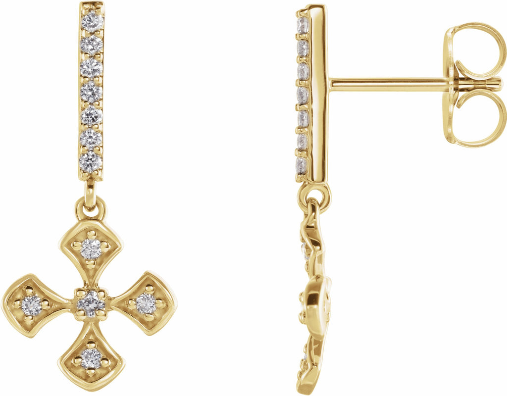 14k yellow 1/5 ctw diamond cross dangle earrings