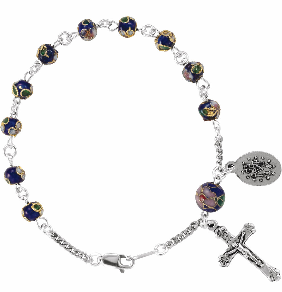 sterling silver cobalt cloisonnã© rosary 7 1/2" bracelet