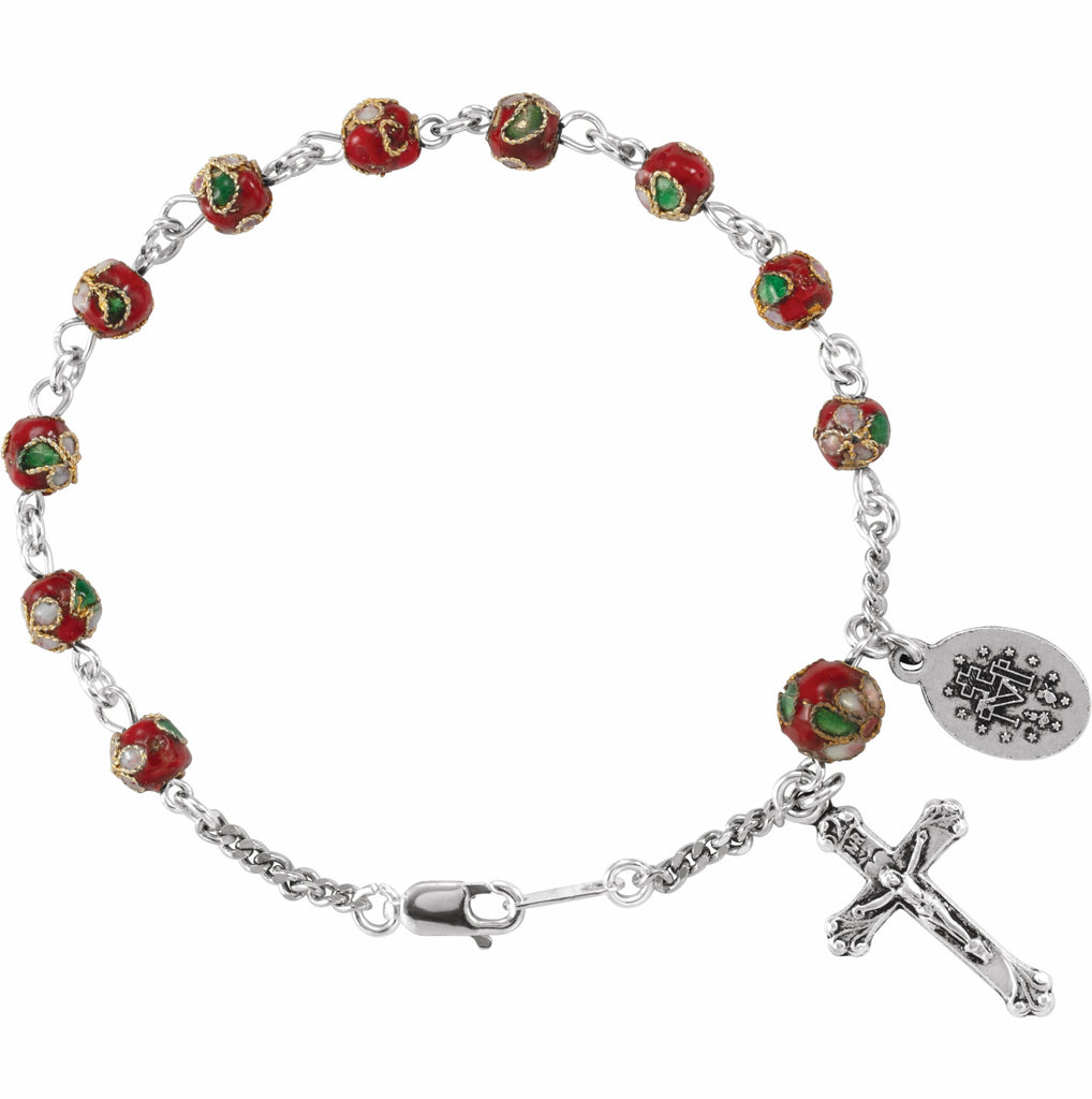 sterling silver red cloisonnã© rosary 7 1/2" bracelet 