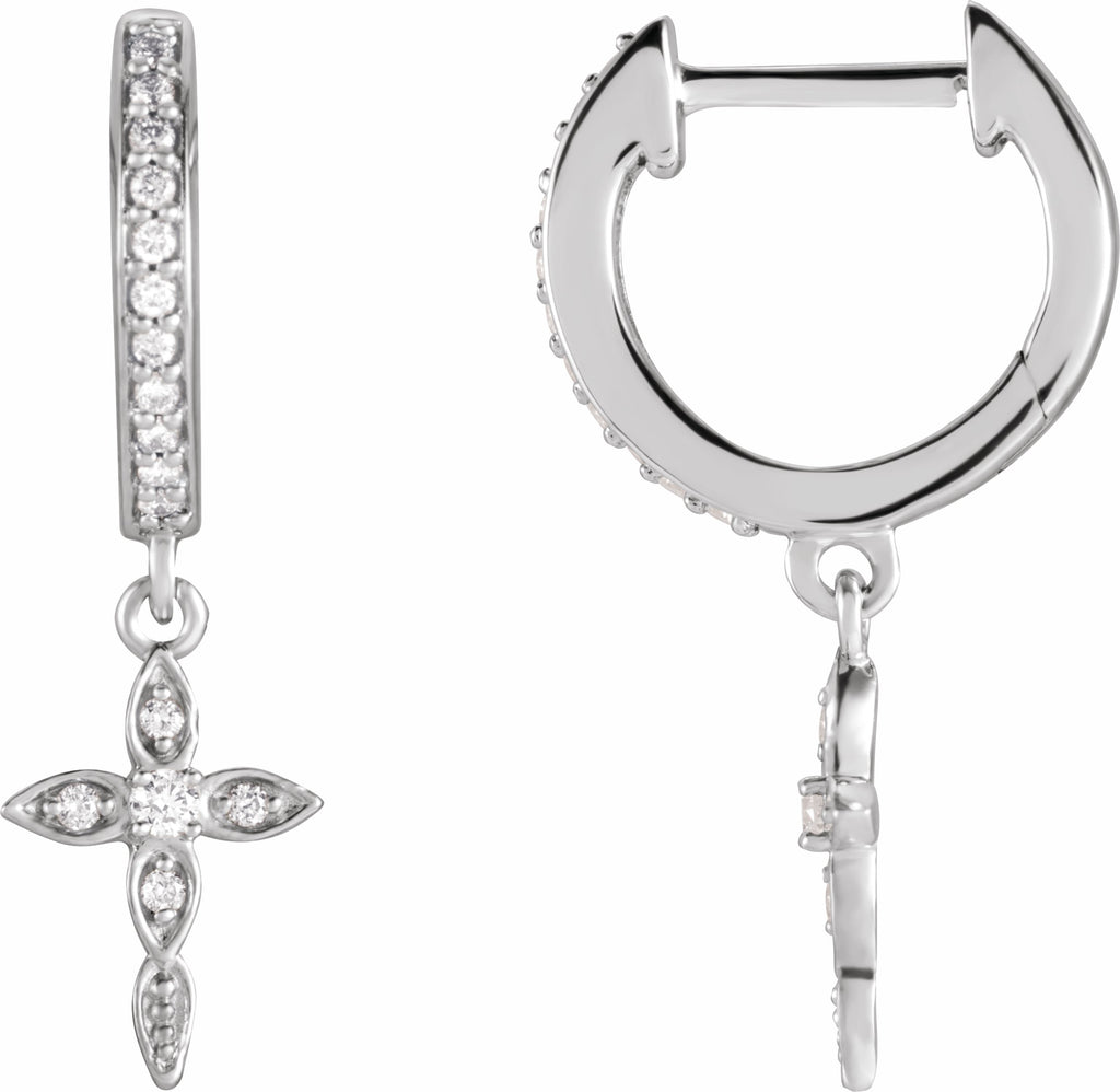 14k white 1/8 ctw diamond cross hinged hoop earrings