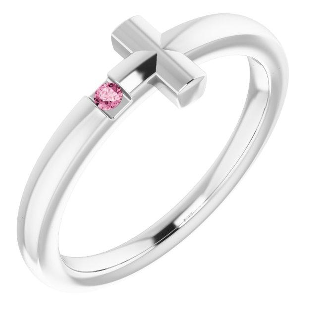 14k white 1.5 mm round genuine pink tourmaline youth cross ring