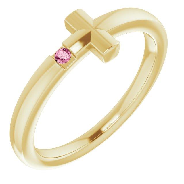 14k yellow 1.5 mm round genuine pink tourmaline youth cross ring