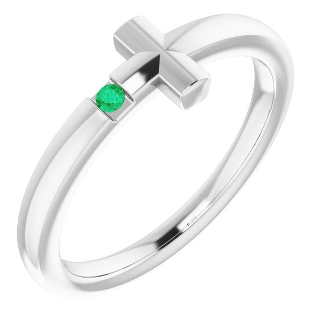 14k white 1.5 mm round lab-created emerald youth cross ring