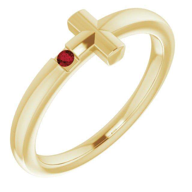 14k yellow 1.5 mm round genuine mozambique garnet youth cross ring