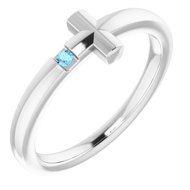 14k white 1.5 mm round genuine aquamarine youth cross ring