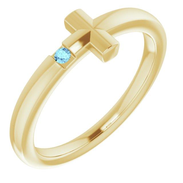 14k yellow 1.5 mm round genuine aquamarine youth cross ring