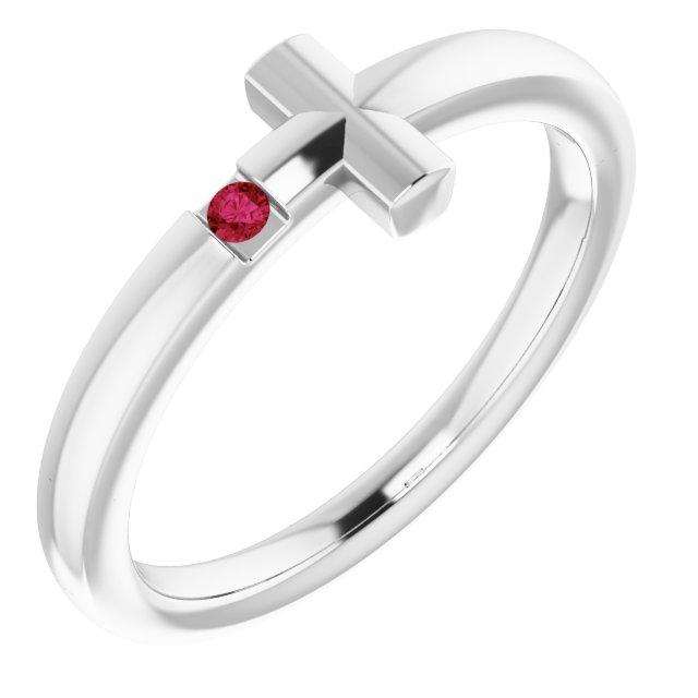 14k white 1.5 mm round genuine ruby youth cross ring