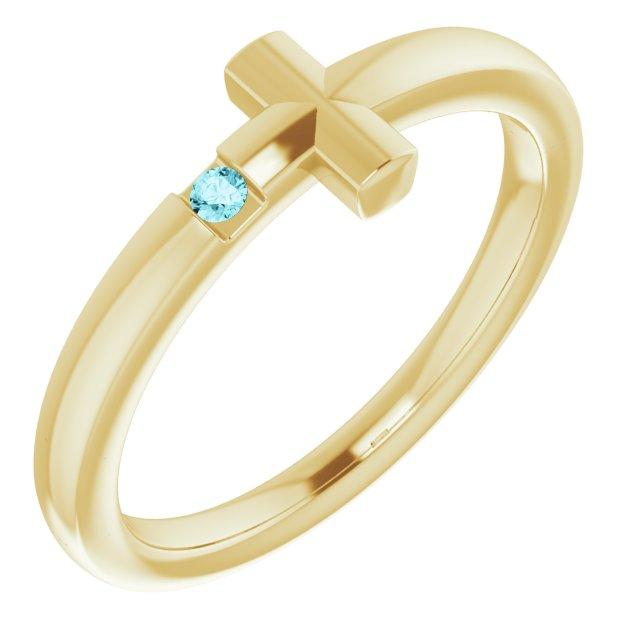 14k yellow 1.5 mm round genuine blue zircon youth cross ring