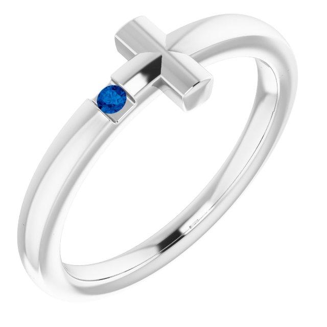 14k white 1.5 mm round genuine blue sapphire youth cross ring