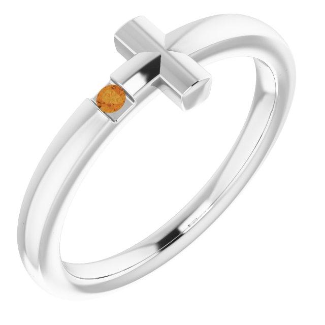 14k white 1.5 mm round genuine citrine youth cross ring