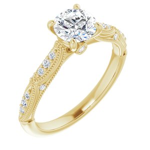 14k yellow 6 mm round forever  moissanite & 1/10 ctw diamond engagement ring    