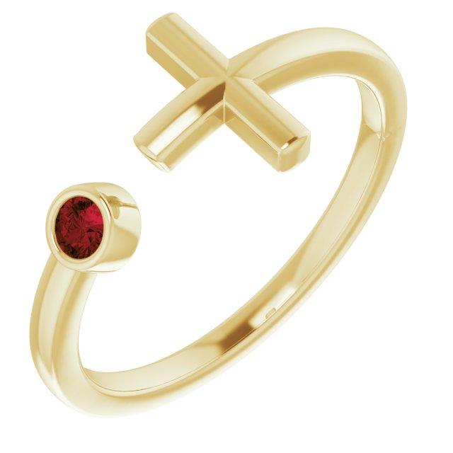 14k yellow mozambique garnet negative space cross ring               