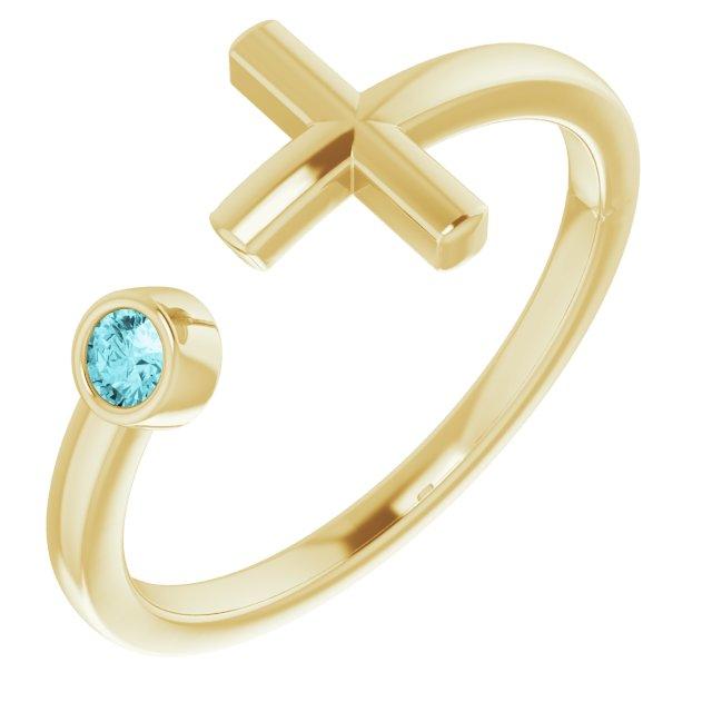 14k yellow blue zircon negative space cross ring  