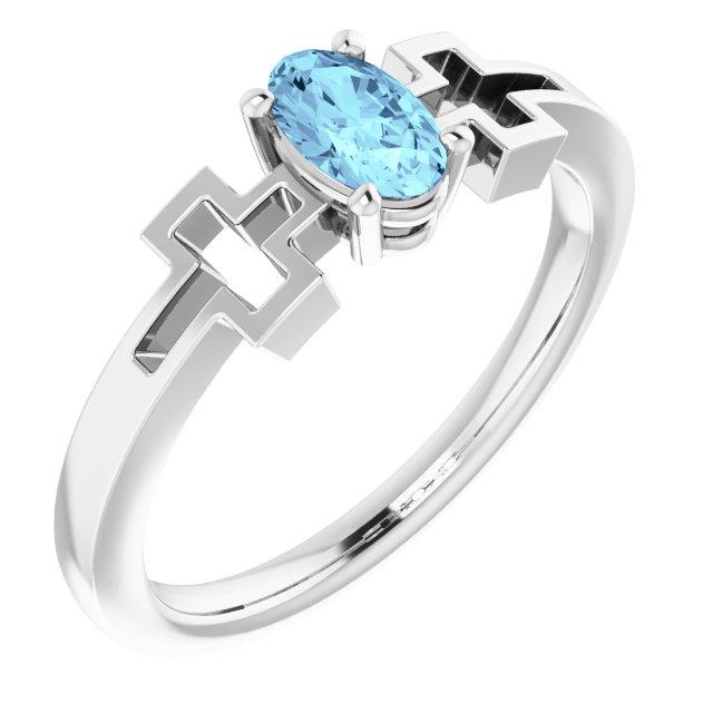 14k white aquamarine solitaire cross youth ring        