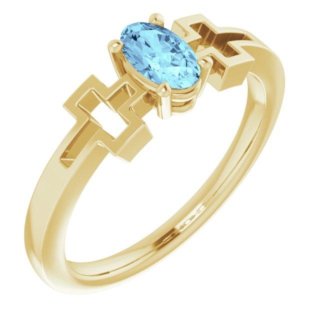 14k yellow aquamarine solitaire cross youth ring        