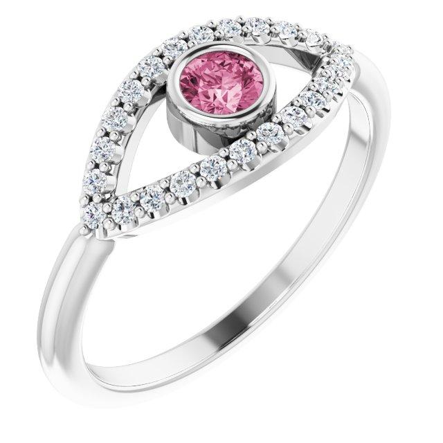 14k white pink tourmaline & white sapphire evil eye ring        