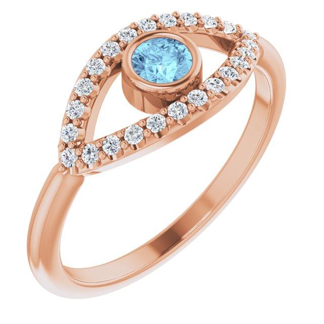 14k rose aquamarine & white sapphire evil eye ring    