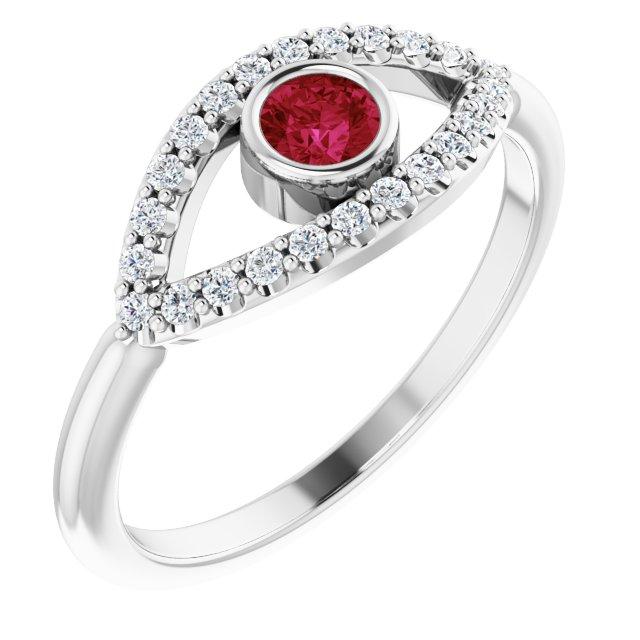 platinum ruby & white sapphire evil eye ring     