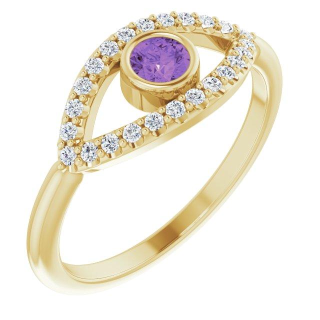 14k yellow amethyst & white sapphire evil eye ring    