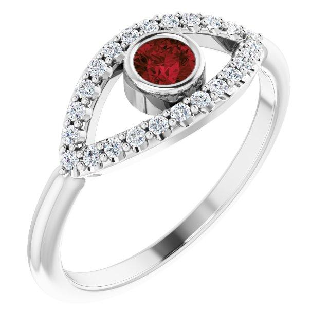 14k white mozambique garnet & white sapphire evil eye ring       