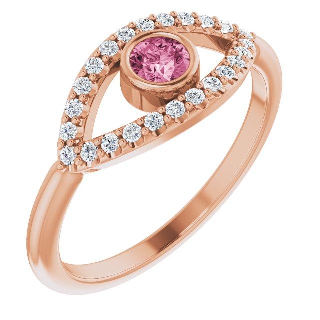 14k rose pink tourmaline & white sapphire evil eye ring        