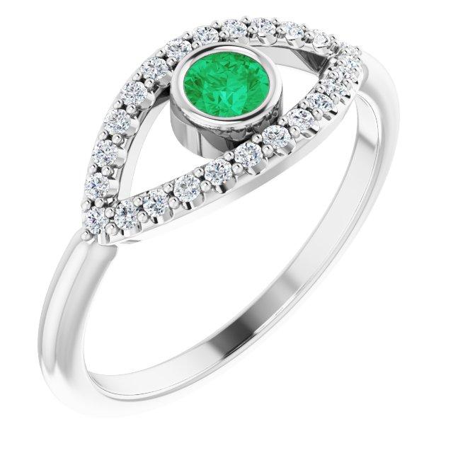 14k white chathamâ® created emerald & white sapphire evil eye ring  