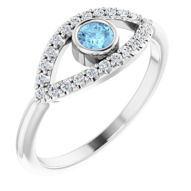 platinum aquamarine & white sapphire evil eye ring    
