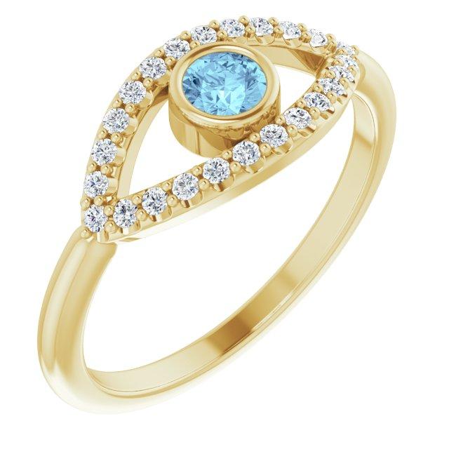 14k yellow aquamarine & white sapphire evil eye ring    